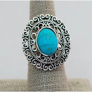 Size 7 Intricate Blue Oval Adjustable Art Nouveau Silver Tone Flexible Ring - C4